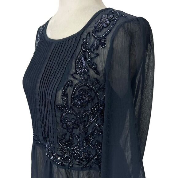 Anthropologie Maeve Helene Blouse in Navy Size Small 4 w Embellished Sequin Pepl - Picture 8 of 12